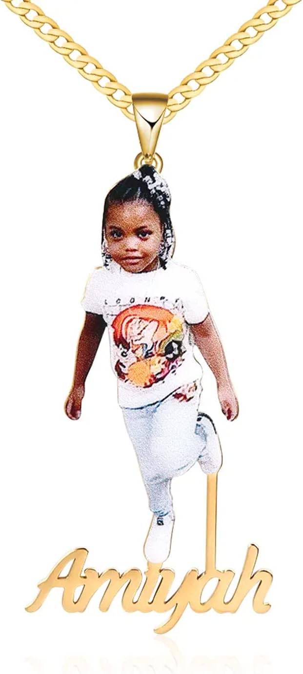 Gemiac Custom Photo Name Necklace Personalized Picture Necklace with Name Gold Plated Name Necklace Personalized Jewelry Birthday Gift for Women Girl