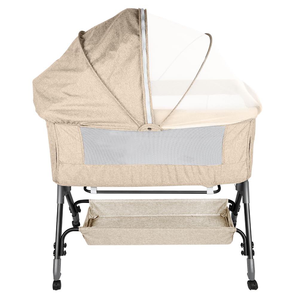 Lit Bébé Cododo - Berceau avec Matelas, Mode Bascule pour Bercer, Côté Repliable, Hauteur Réglable, Fenêtres en Filet, Roues et Sac de Voyage - 0-24 Mois, 25 kg-104*52*100-110 cm - blanc cassé