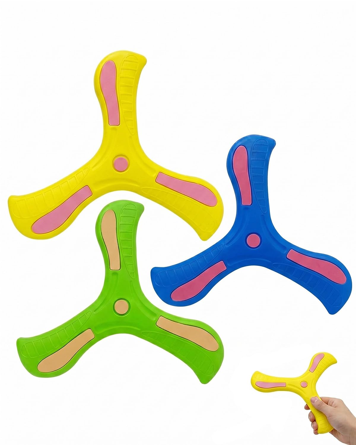 Boomerang 3 Pezzi 24cm Plastica, Sicuro per Bambini e Principianti, Volo Stabile e Morbido per Giochi All'aperto in Famiglia, Blu Giallo Verde.