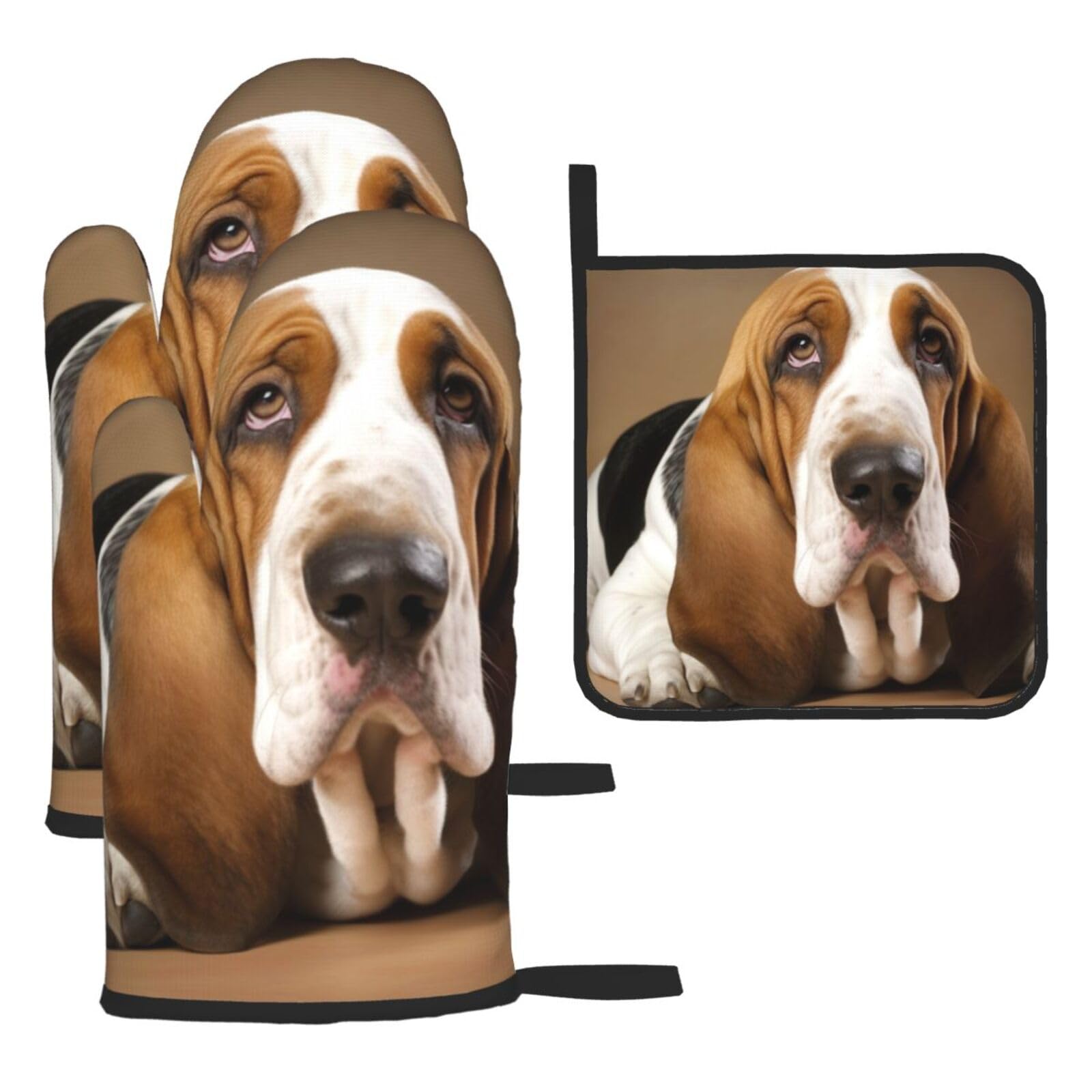 3 Piece Oven Mitts and Pot Holders Set Heat Resistant Oven Gloves and Potholders BBQ Gloves Hot Pads Basset Hound Cooking Gloves for Kitchen Baking Grilling