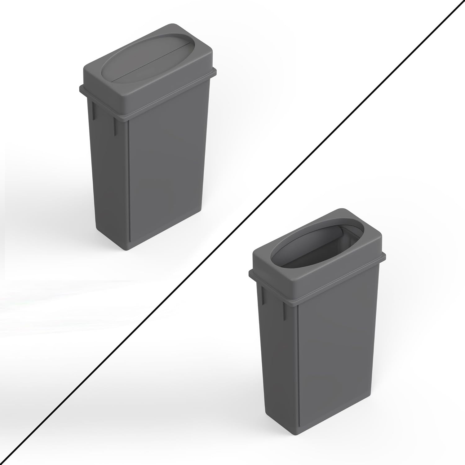23 Gallon Gray Rectangular Slim Trash Can with Drop Shot Lid and Dolly | Great for Home, Commercial, or Restaurant Use.
