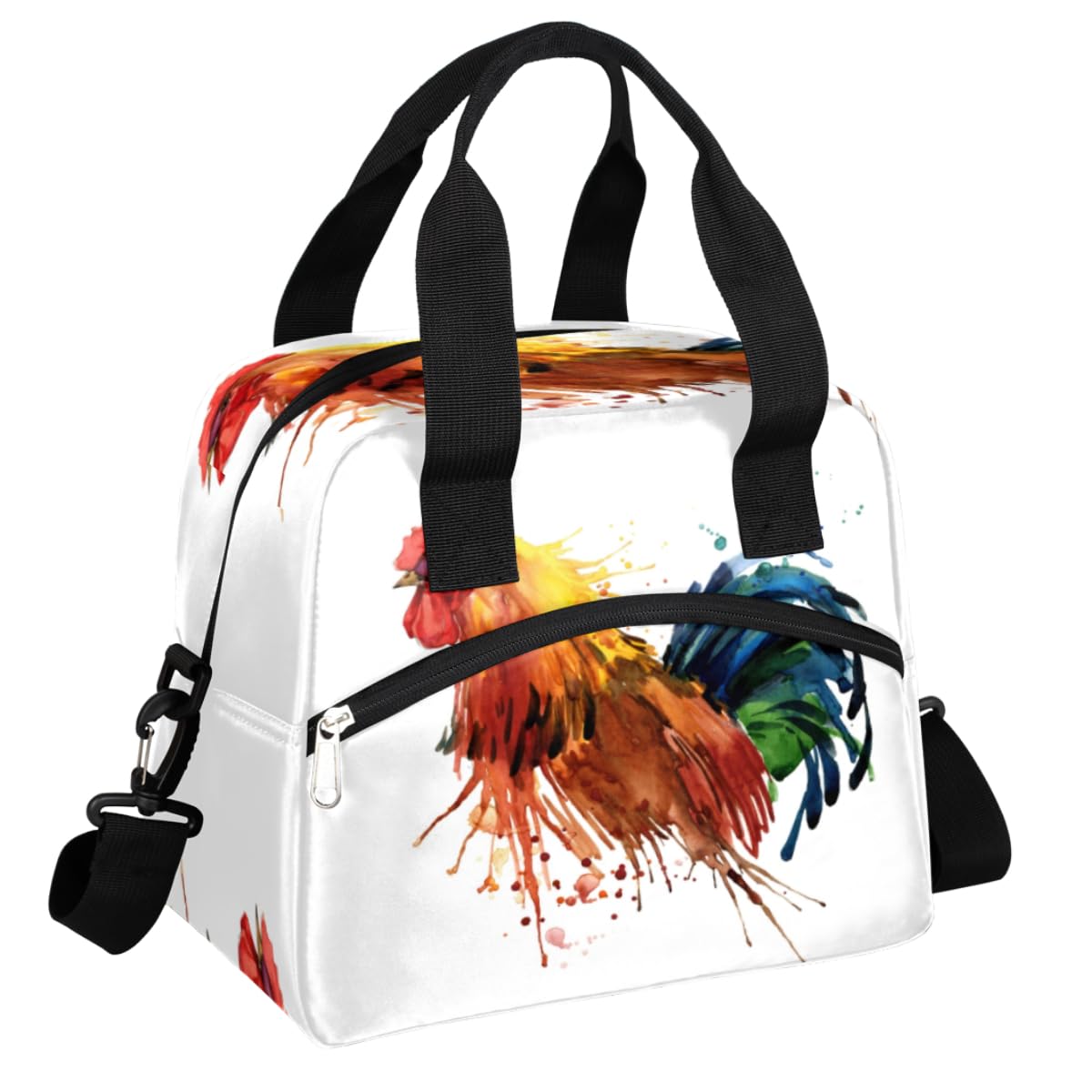 Borsa per il pranzo a forma di pollo, con piume bianche, borsa termica per il pranzo con animali con tracolla regolabile rimovibile per donne, uomini, ufficio, picnic