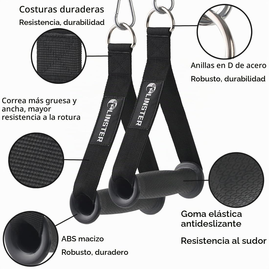 LINSTER 2PCS Mango de Resistencia para Ejercicios, Agarres Poleas Gym Nylon Cuerda Tríceps Manija Empuñadura de Silicona Mosquetón Asas para Bandas de Resistencia, Poleas Gimnasio, Maquina Gimnasio