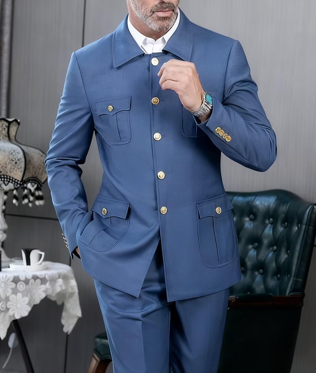 2 Pieces Men Chinese Tunic Suit Safari Suits for Men Gold Button Blazer Pant Set Traditional Wedding - Image 8