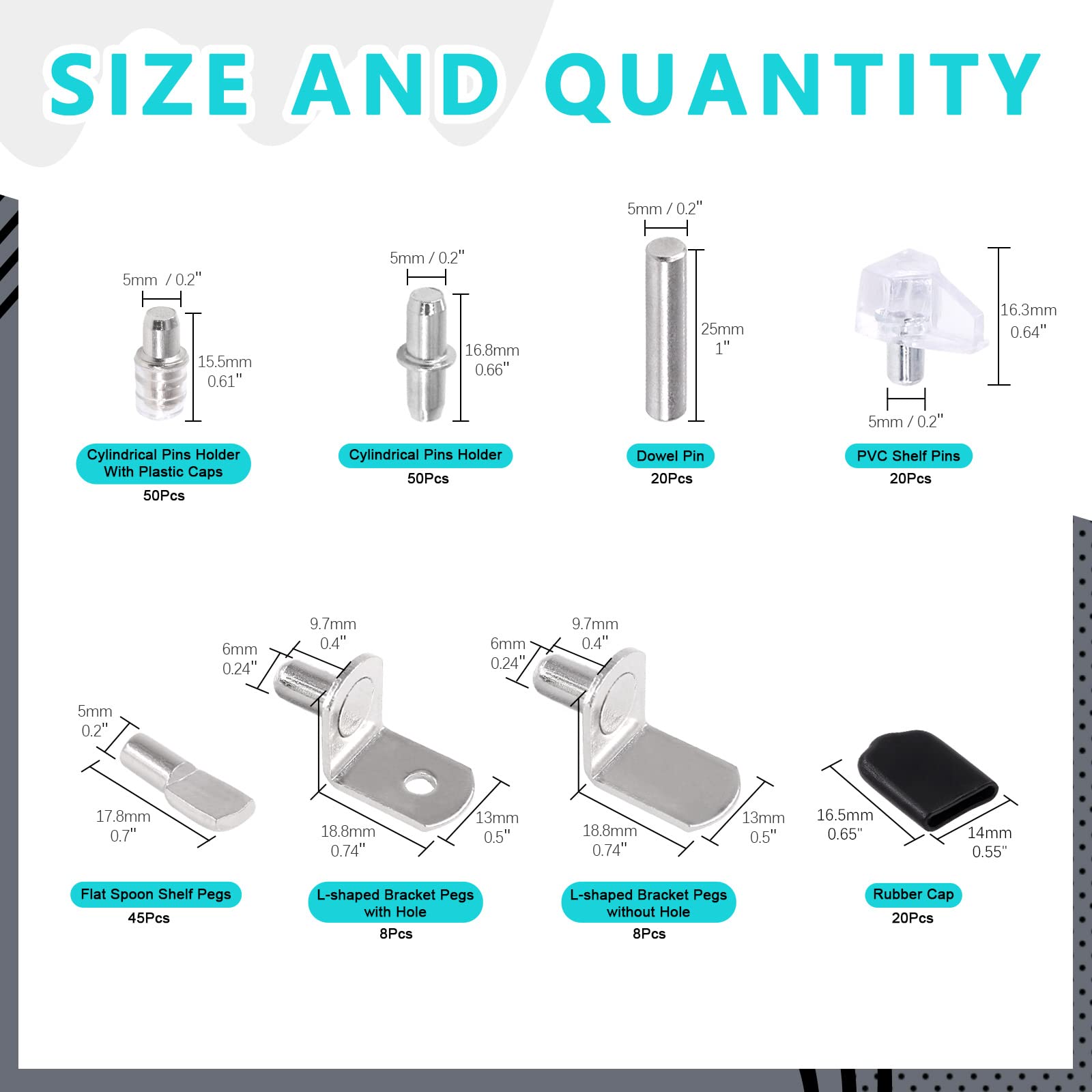 Cimeton 221Pcs 7 Styles Nickel Plated Shelf Pins Shelf Support Pegs Kit, Cylindrical Pins Holder, Dowel Pin, PVC Shelf Pin - Image 2