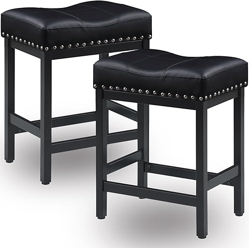 OUllUO Juego de 2 taburetes de bar negros, taburetes de bar de altura de mostrador, taburetes de silla de montar, taburetes de piel sintética con