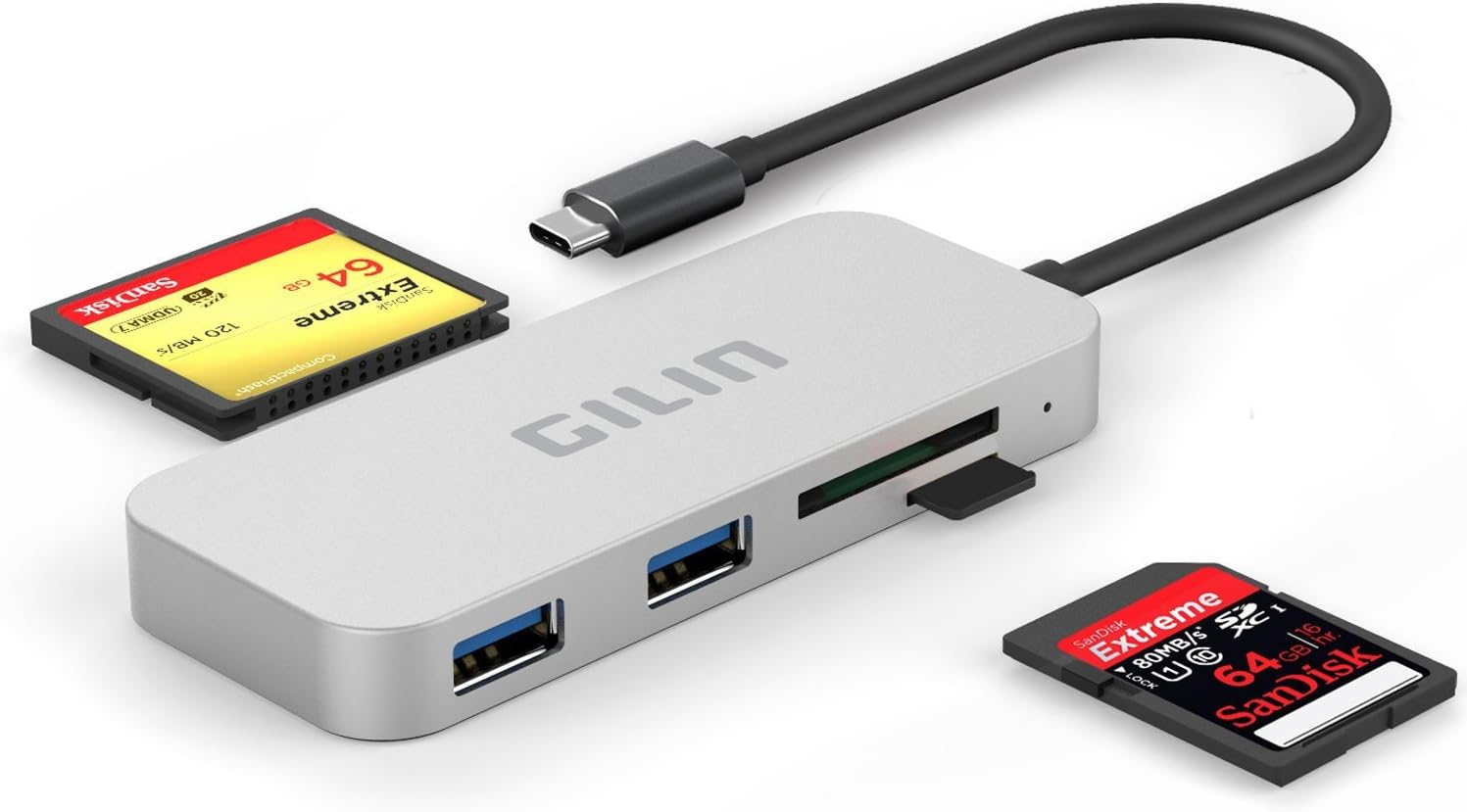 SD Card Reader, GILIN USB C Adapter with Micro SD/SD/CF Flash Memory Card Reader USB C and 2*USB 3.0 Ports Hub for 2016 MacBook Pro and more USB C Devices