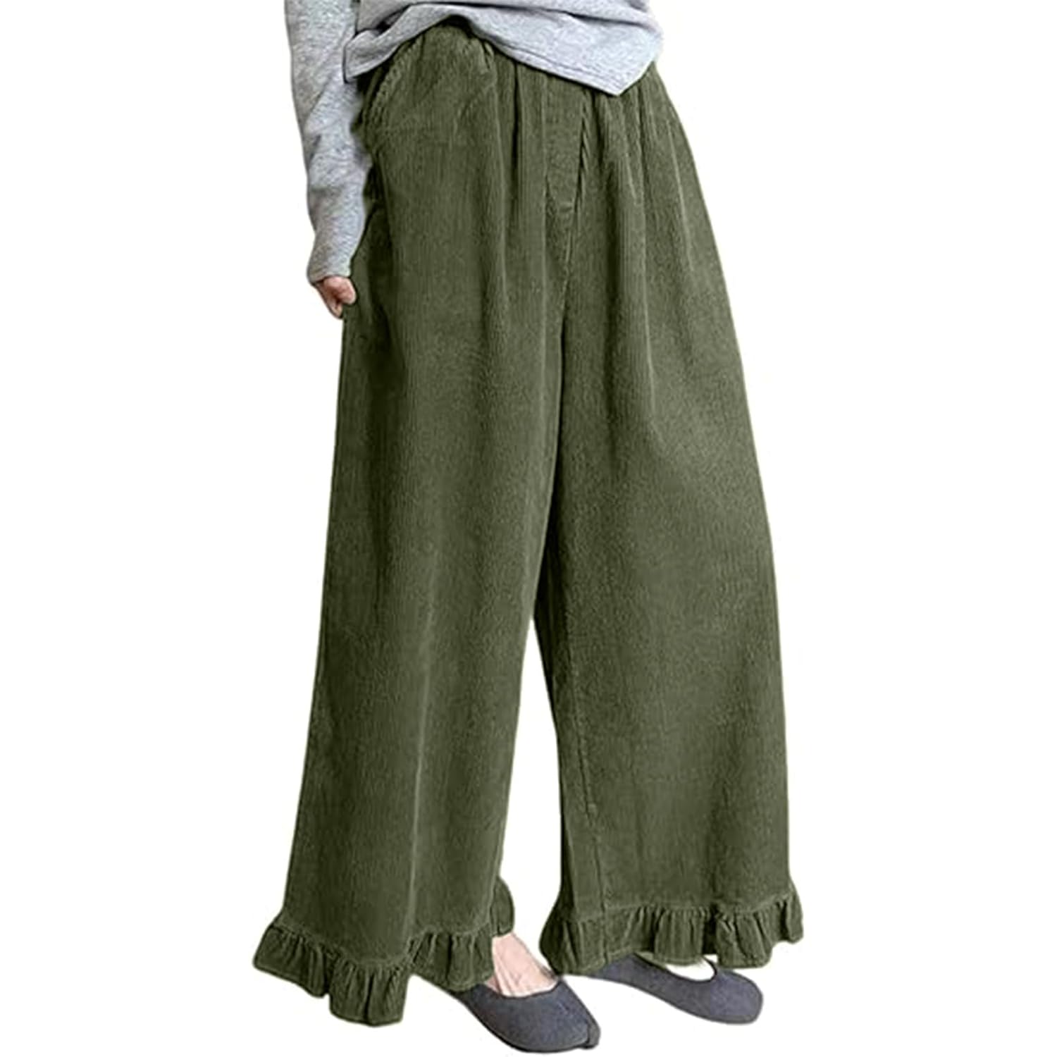 Corduroy Pants for Women Casual High Elastic Waist Wide Leg Ruffle Hem Barrel Loose Comfy Trousers with Pockets