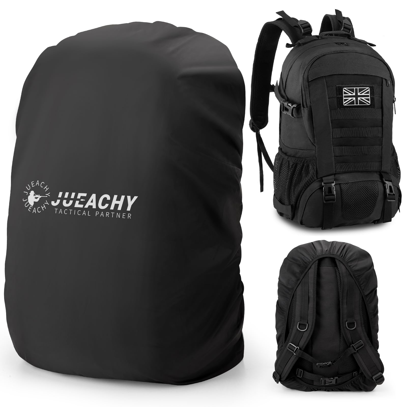 Jueachy Military Tactical Backpack 30L with Backpack Cover Waterproof - Army Assult Camouflage Hunting Rucksack Black โ image 1