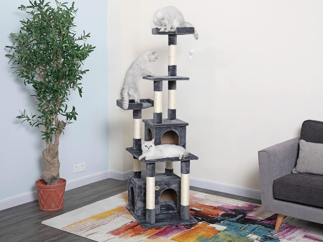 Go Pet Club 67" Cat Tree Condo Furniture Kitty Tower Kitten Scratcher, with Large Hideout Play House and Fun Perches for Indoor Cats, Gray