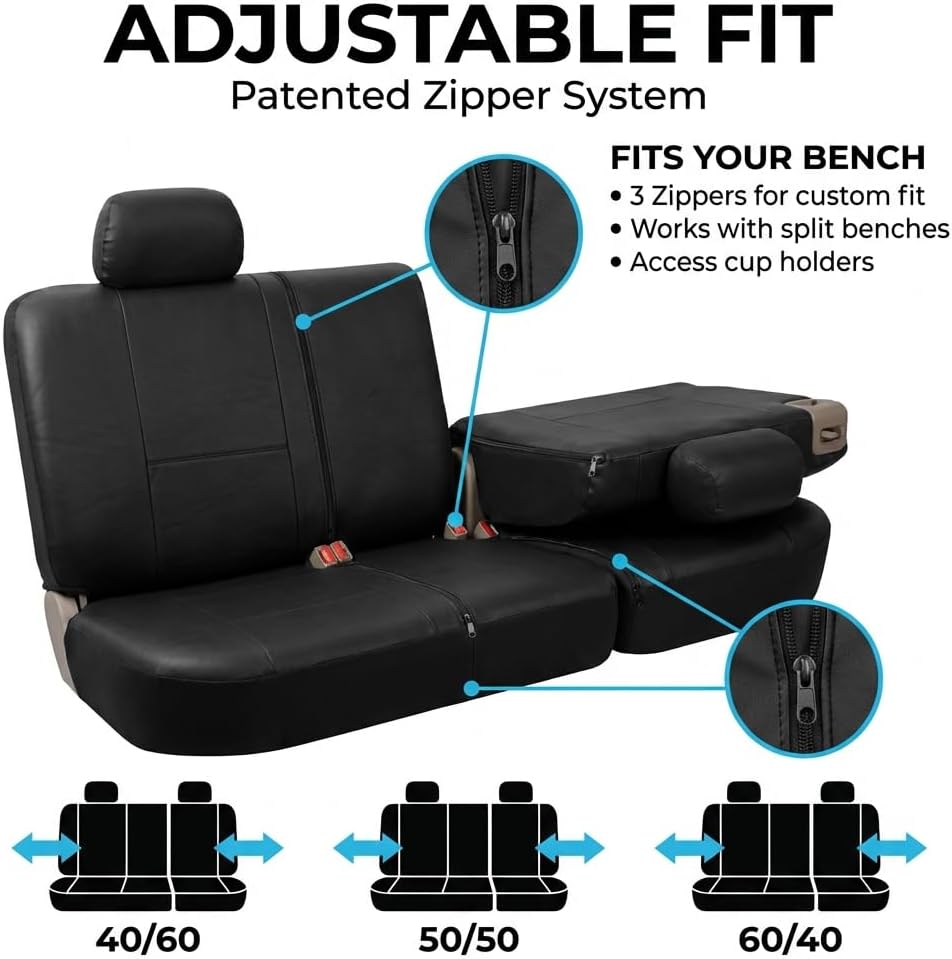 FH Group PU309115 Built-in Seat Belt Compatible PU Leather Seat Covers (Black) Full Set – Universal Fit for Cars Trucks & SUVs