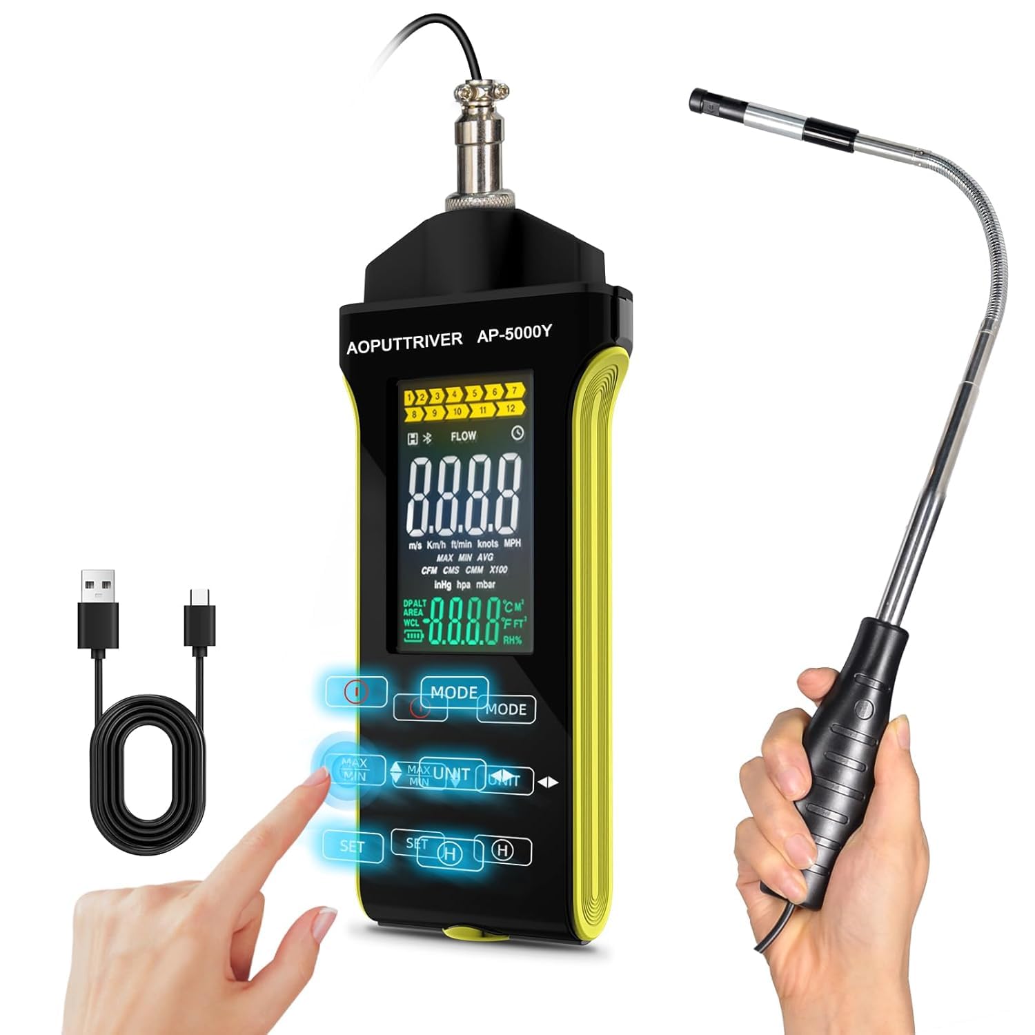 Anémomètre Thermique - Appareil de Mesure de la Vitesse du Vent Numérique avec Capteur Télescopique Hotwire - Mesure le Flux D'air et la Température CFM/CMM - Charge de Type C - Max/Min/Data Hold pour