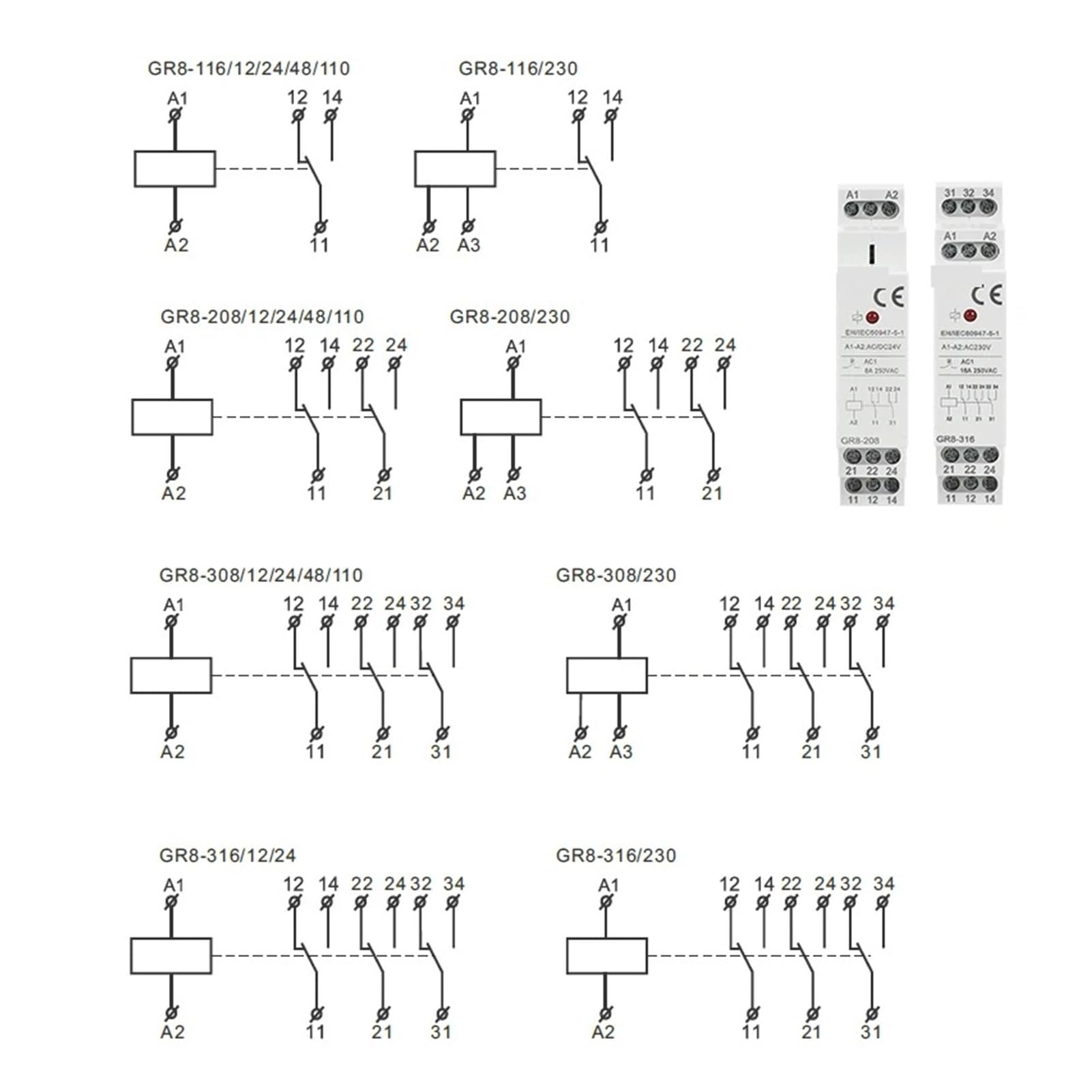 GR8-208 Relè Ausiliario Interruttore Intermedio 8A 2SPDT 12V 24V 48V 110V 220V RELÈ Modulo Guida Din(GR8-208-ACDC24V)