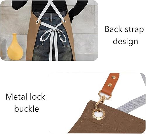 Miniatura 4 de Delantal de chef para hombres y mujeres, delantales de lona con 3 bolsillos traseros cruzados, delantal de trabajo resistente para cocinar