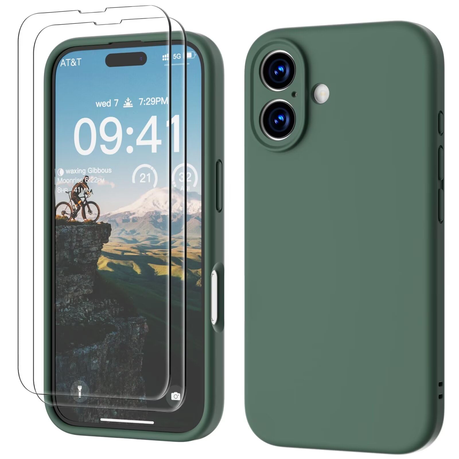 GOODVISH 3 in 1 Silicone Cover per iPhone 16 6.1", Custodia con 2 Pellicola Vetro Temperato [Protezione Fotocamera] 360° Protezione Anticaduta Case per Cellulare Antiurto Resistente, Verde Pino