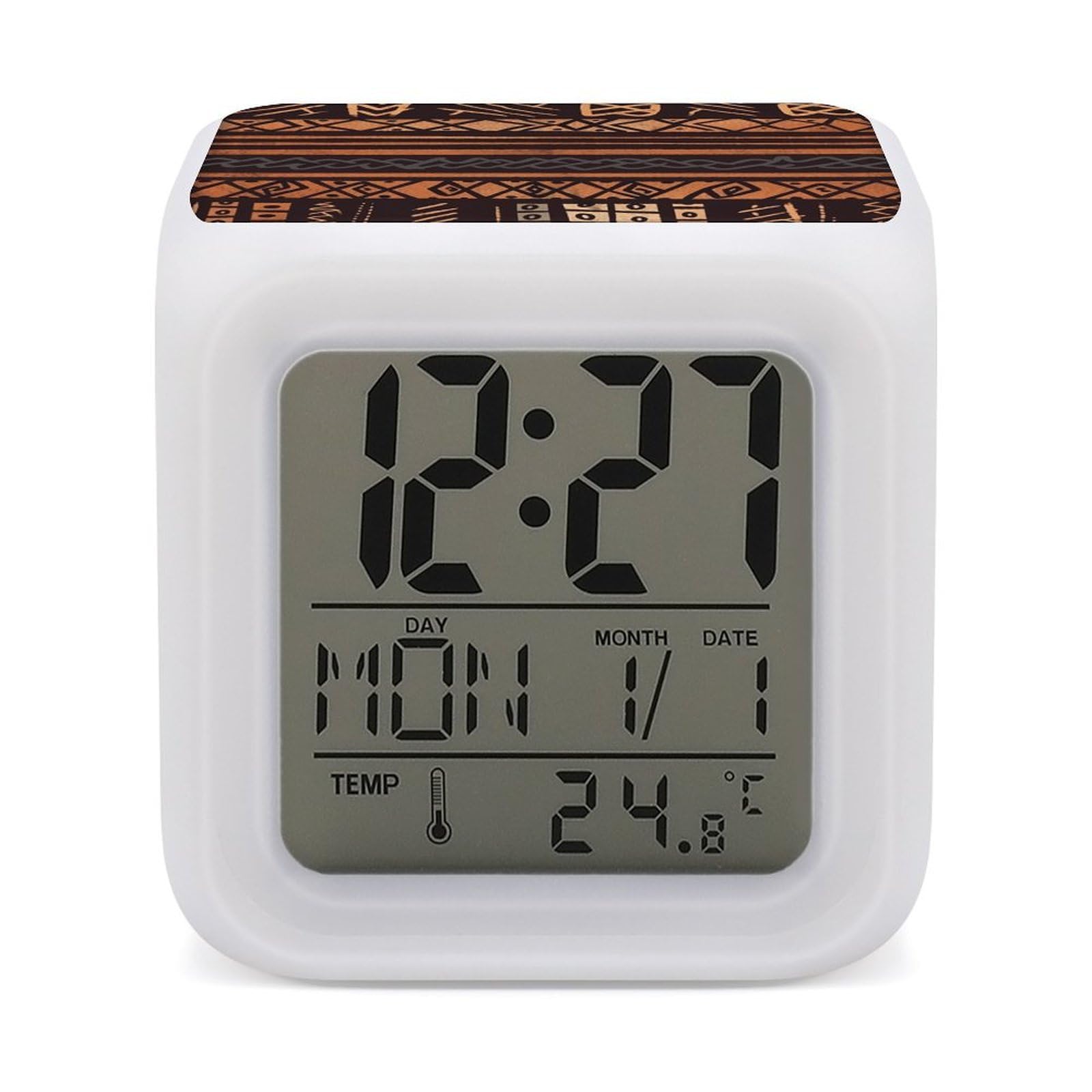DWVTSLH African Mud Cloth Tribal Alarm Clock with 7 Color Changing Night Light, Wake Up Digital Clock for Bedroom, Bedside Cube Clock with Date, Temperature, Battery Operated Desk Clock Gift