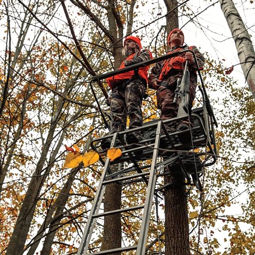 Rivers Edge TwoPlex LS 2-Man Ladder Stand, 17’1” Height, Lockdown Strapping System, Flip-Up TearTuff Mesh Bench Seat, 40” Wide Platform, 2-Way Adjustable Shooting Rail, RE669