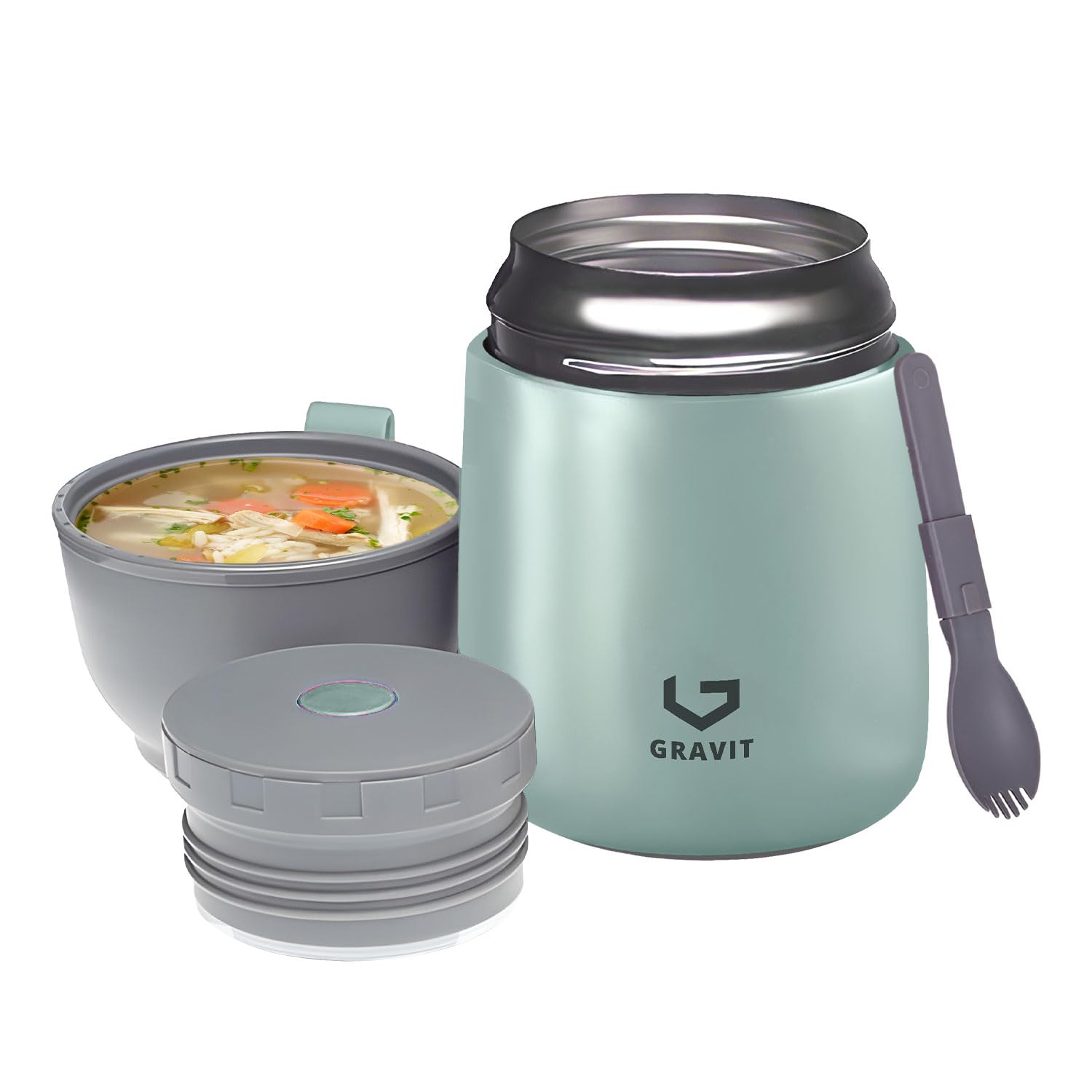 GRAVIT Stainless Steel Food Jar - Vacuum Insulated Thermos for Hot and Cold Meals - Leak Proof Wide Mouth Lunch Container with Folding Spoon for Kids Adults School Office and Travel (Blue)