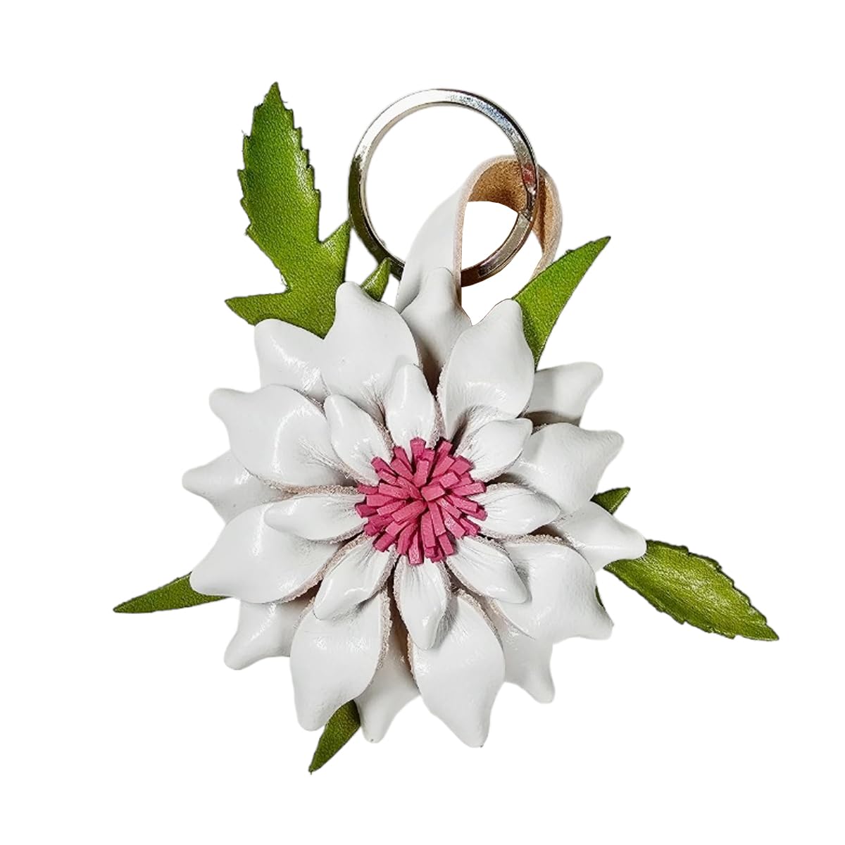 Jomo Joy Flower Keyring Keychain 2¾" Long White Dahlia Green Leaf - Hand Made Leather Key Organizer Colorful Decorative Collectible Handbag Purse Tassels Charms Bag Accessories Handcraft Décor Gifts