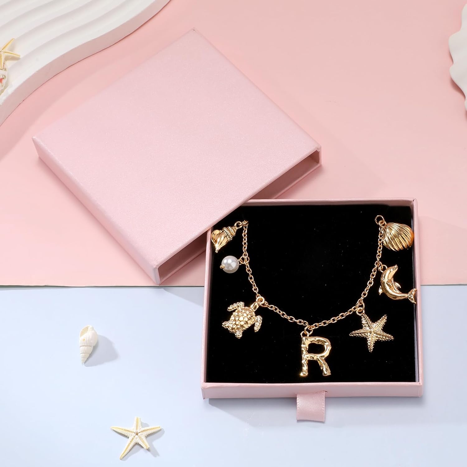 NEKOL Initial R Charm Necklace For Women, Boho Gold Summer Beach Surfer Letter Necklace Starfish Seashell Pearl Turtles Dolphin Charms Pendant, Trendy Pendant Alphabet Choker Necklace Jewelry Gifts - Image 5