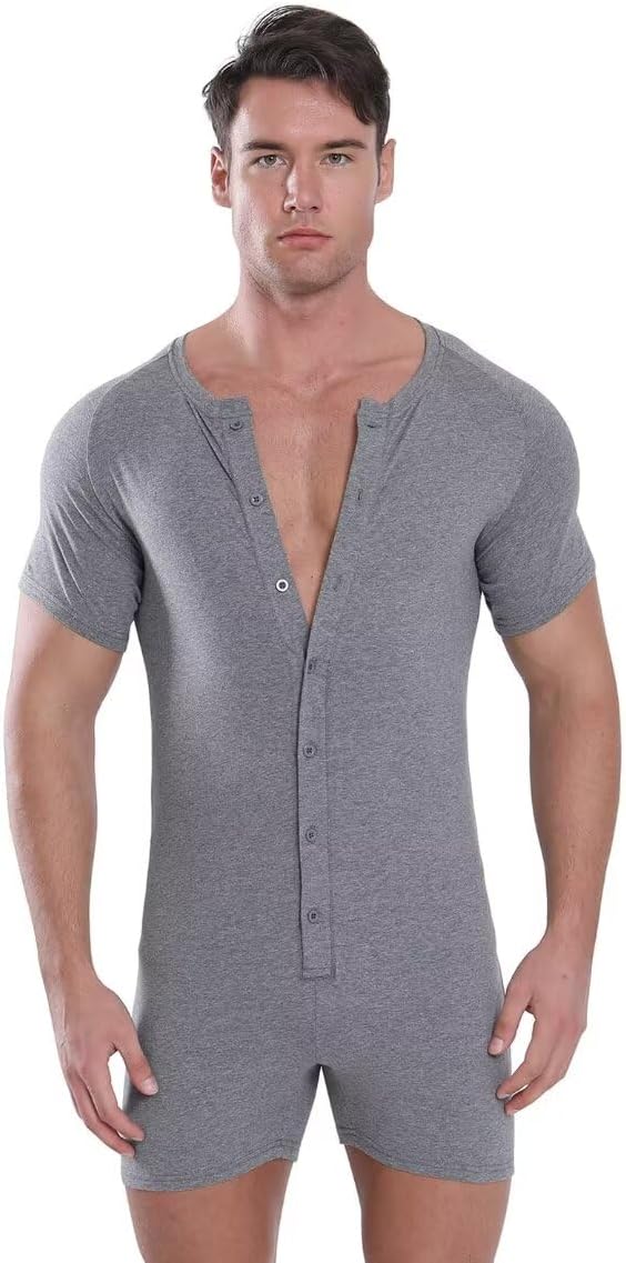 Landofgenie Mens Short Sleeve Onesie Bodysuit Henley Jumpsuit One Piece Pajamas Rompers - Image 2