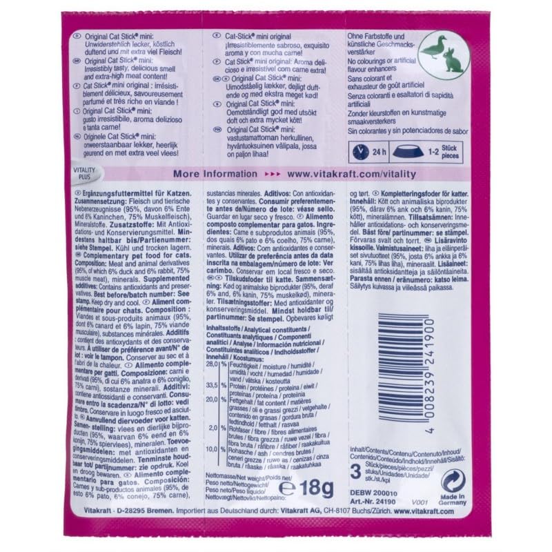 Générique Délice Gourmand pour Chats Vitakraft avec Canard et Lapin - Lot de 3 Bâtonnets | 18g. Snack Sain, Nourrissant à Déguster en Friandise! - Le Lot De 4