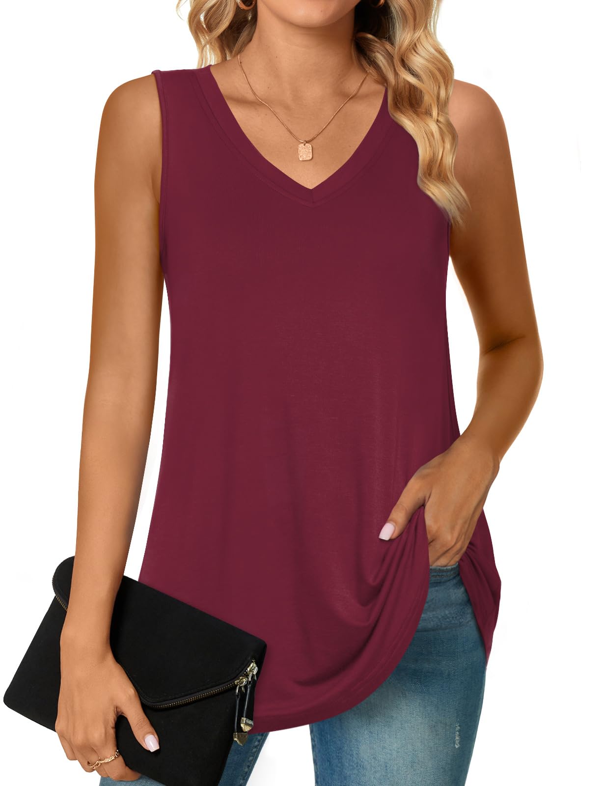 POPYOUNG Women's Long Tunic Tank to Wear with Leggings Summer V-Neck Sleeveless Tops Loose Shirts