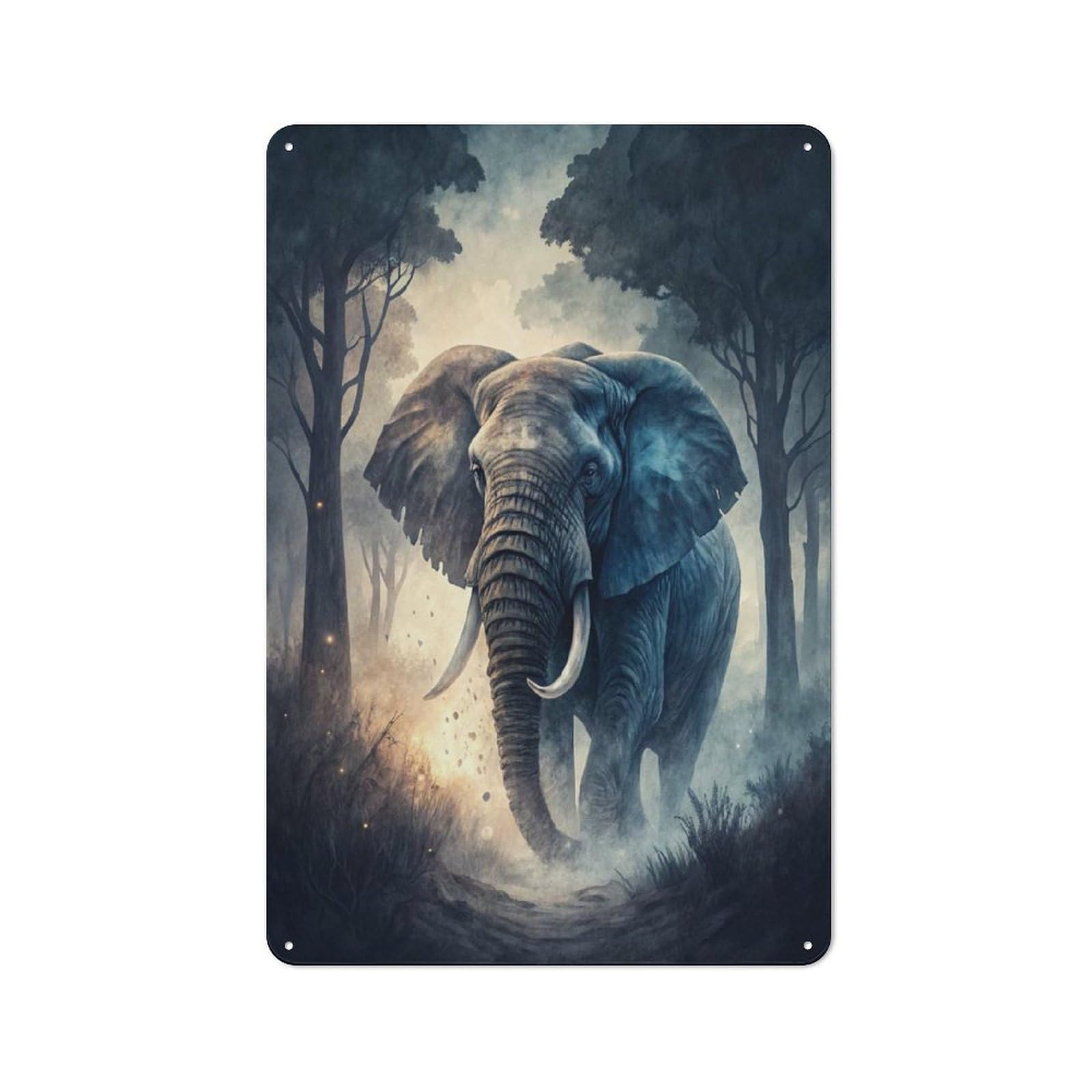 Junmoney Style-13 Tin Wall Plaque 30X20cm With Elephant In A Misty Forest For Hobby Room Or Studio, For Themed Interiors In Hobby Rooms And Studios
