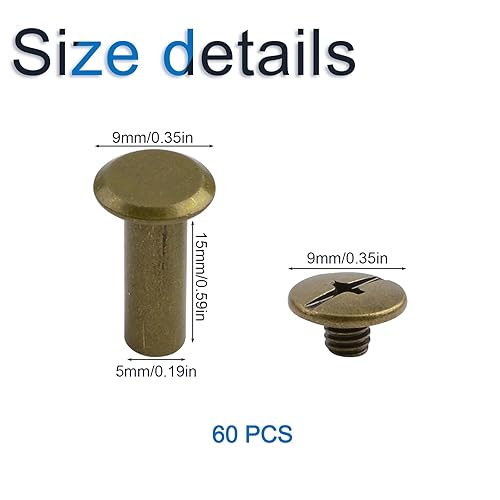 Miniatura 2 de Juego de 60 tornillos Chicago surtidos, tornillos de fijación de 0.197 in x 0.591 in, remaches de cuero de bronce M5, cabeza cruzada redonda,