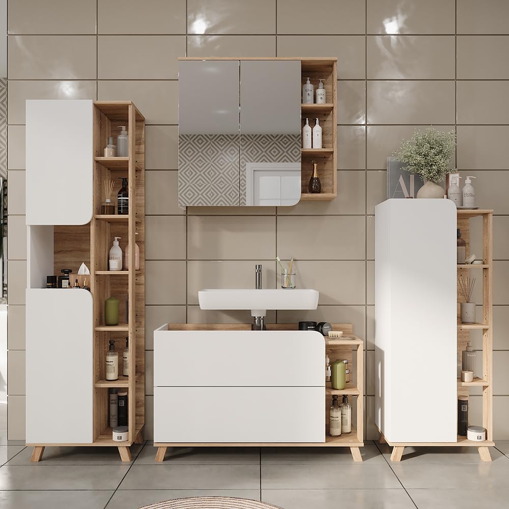 Vicco Conjunto de Muebles de baño Karen, Sonoma/Blanco, 100 cm | compuesto por mueble bajo lavabo, espejo, columna alta y columna media