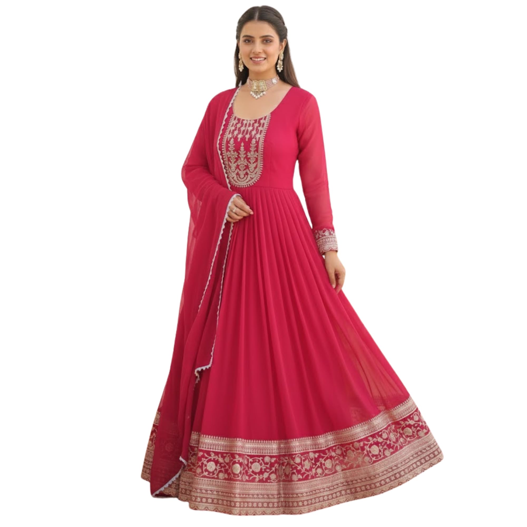 Embroidered Georgette Anarkali Gown | Red Stree Stitched Long Gown with Dupatta | Full Sleeve Anarkali Dress with Inner Lining & 2m Lace Border Dupatta | GW-DF-1-Stree-image-30