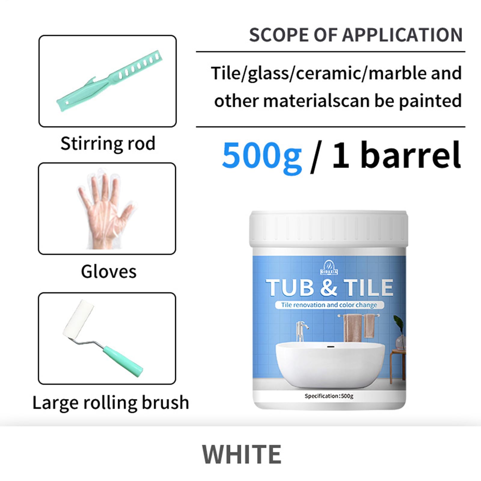 Vernice per piastrelle da 500 g, kit di rifinitura per vasca e piastrelle, kit di riparazione per vasca da bagno, colore bianco, a base d'acqua, inodore, facile da usare, per bagno e cucina
