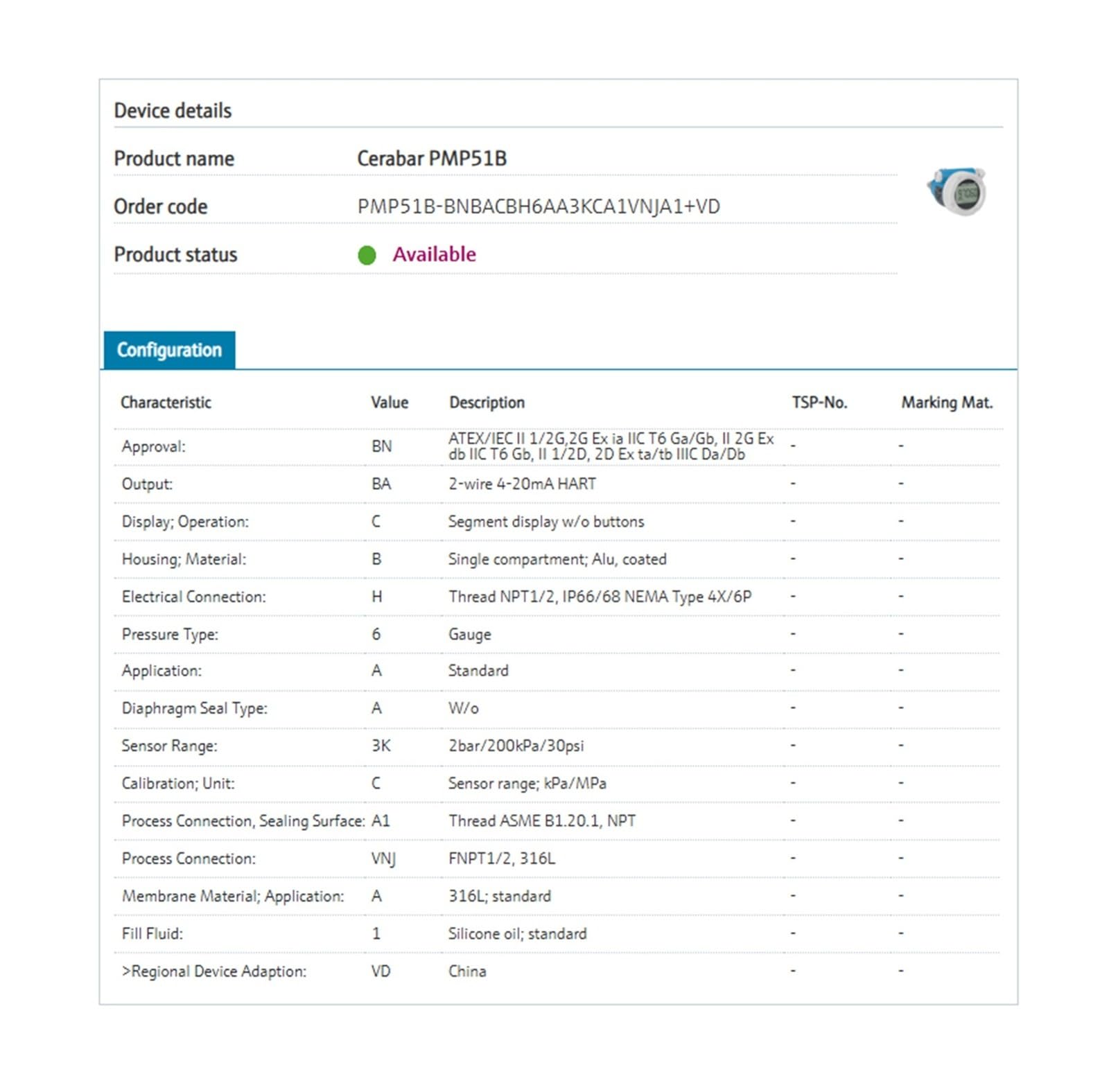 EVPZPLKMGT Smart Pressure Transmitter with Metal Membrane, PMP51B-BNBACBH6AA3KCA1VNJA1+VD
