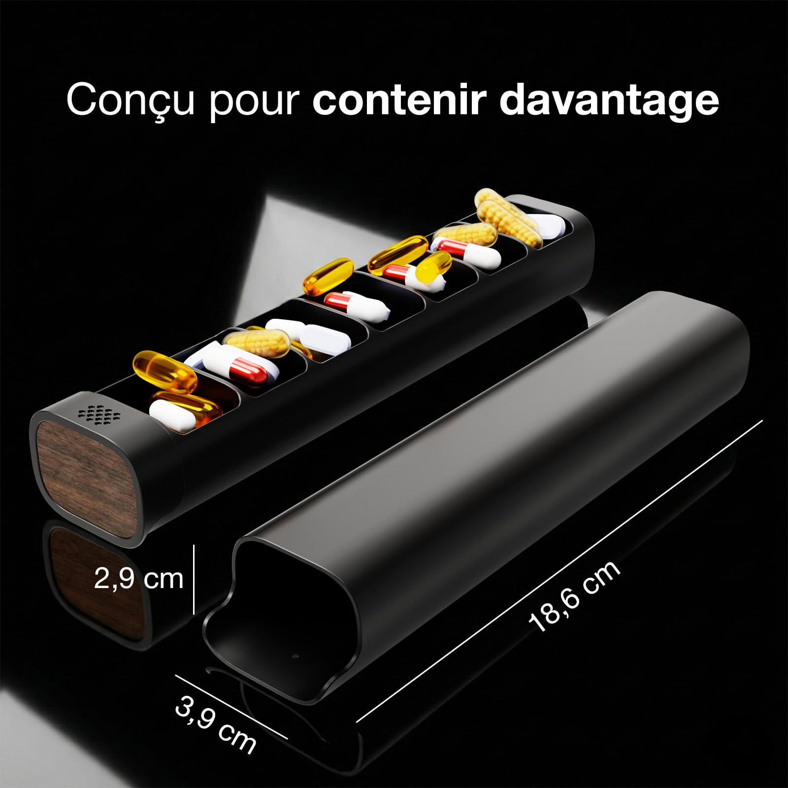 Pilulier Semainier en Aluminium - Base en Bois - Grande Capacité | Matière de Qualité Médicale sans Plastique, Mécanisme à Clic Sécurisé, Léger et Pratique en Voyage - Noir