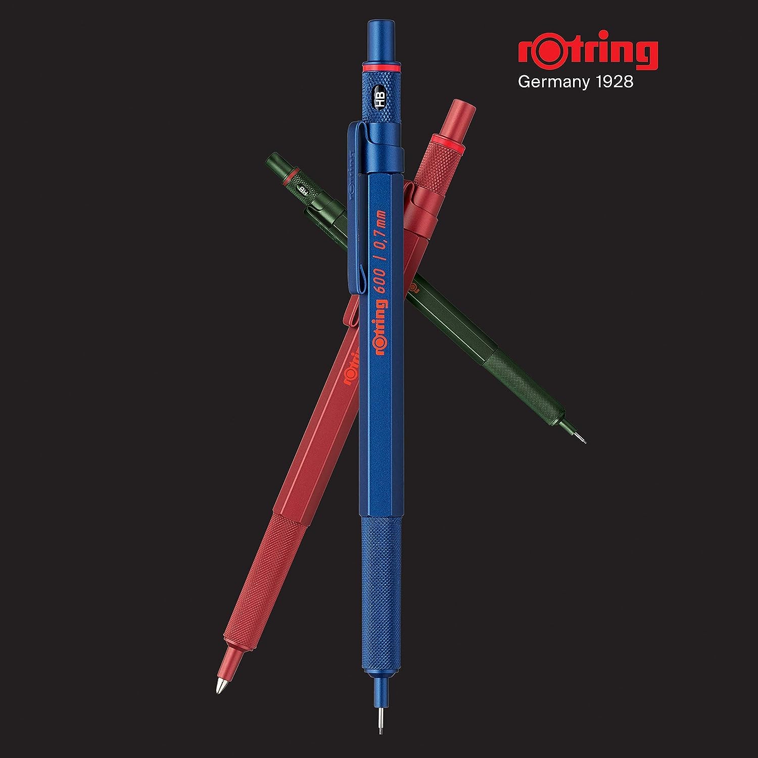 rOtring Set di 600 penne a sfera, punta media, inchiostro nero, fusto blu con impugnatura zigrinata antiscivolo, 5 ricariche nere (M) + foglietti adesivi