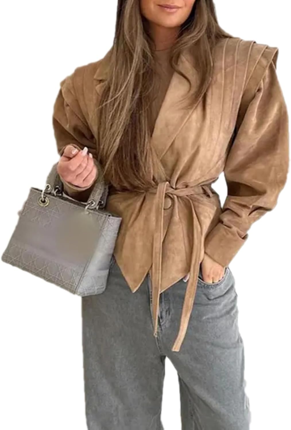 PU Leather Patchwork Jacket with Belt Women Long Sleeves Drawstring Tie Coat Female Thick Street Outwear