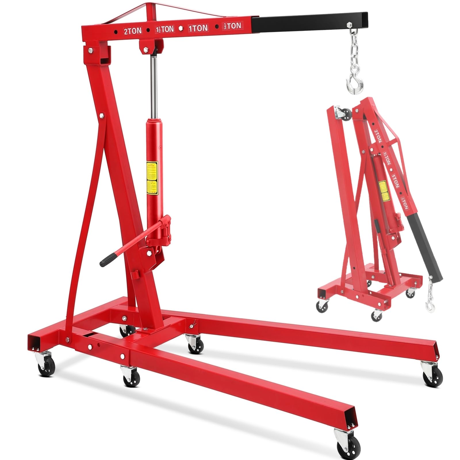 garveetech 2-ton folding engine hoist, hydraulic shop crane lift with 6 casters & telescopic boom, 4400 lb foldable mobile cherry picker for garage, workshop, factory, heavy-duty, red