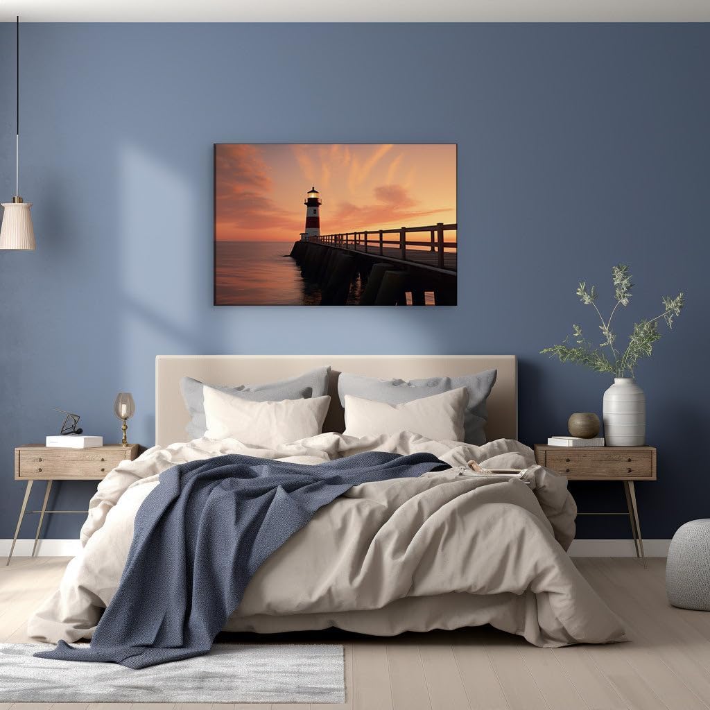 Canvas for Living room. Lighthouse Serenity at Dusk A Vision in Pink and Orange Splendor, 27 x 18 inch Canvas Wall Art - Ready to Hang