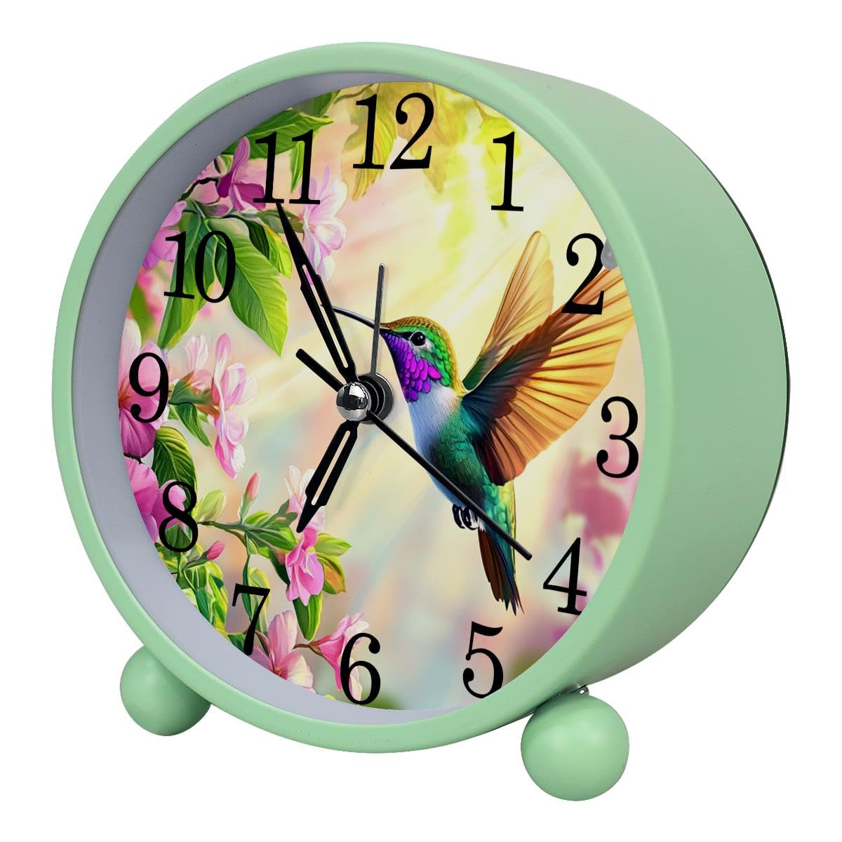 Luoweisi Alarm Clock Hummingbird Flowers, Silent Non-Ticking with Night Light, Round Metal Alarm Clock for Office, Battery Operated, Bedroom, Elderly, Adults, Children, Student Gifts