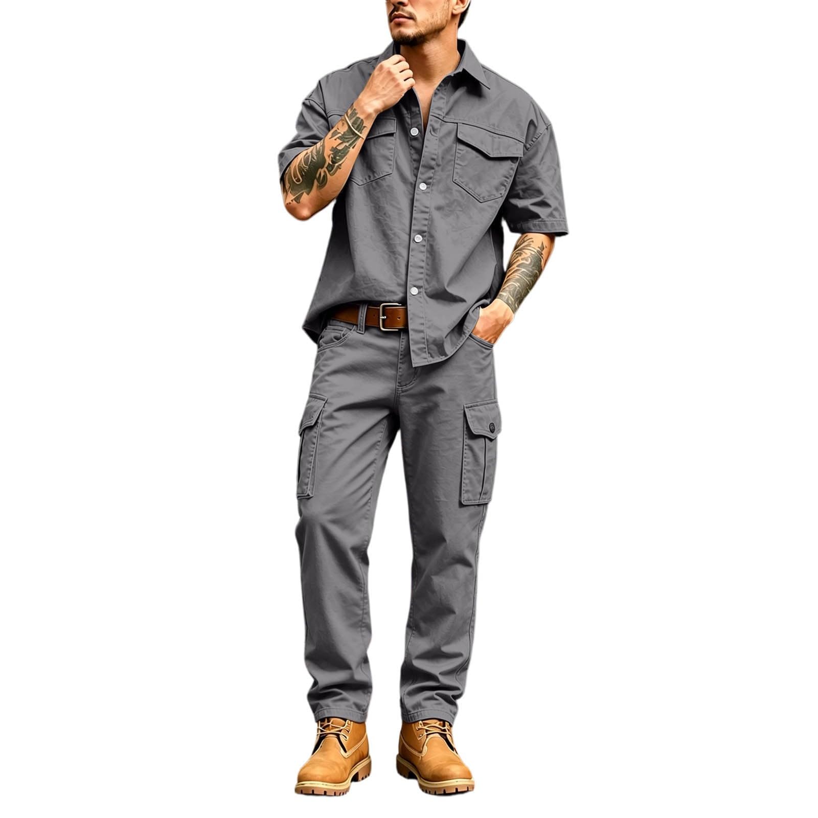 Tuta da jogging da uomo, pantaloni cargo corti | Camicia da lavoro da uomo con abbottonatura, multitasche, robusta, per giardinaggio, fai da te, all'aperto, leggera e comoda