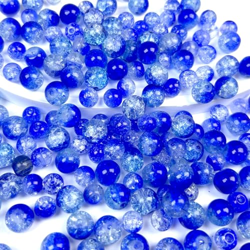 Chuxin 200pcs Crackle Glass Beads, 8mm and 10mm Blue Crystal Glass Beads Round Loose Spacer Bulk Beads for DIY Craft Earring Necklace Bracelet Jewelry