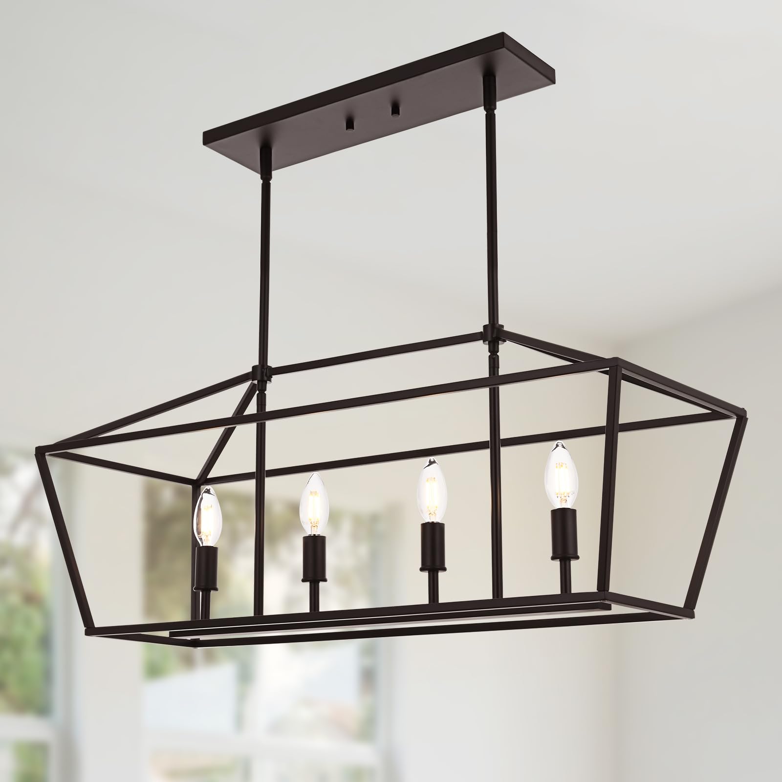 4-Light Kitchen Island Lighting, Dining Room Farmhouse Lantern Chandelier for Over Pool Table Living Room, Pendant Light Fixtures E12 Bulb Base &amp; Oil Rubbed Bronze