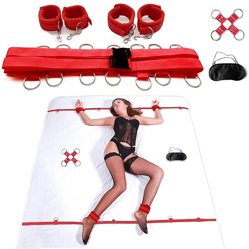 MISSTU Sex Bondage BDSM Kit MISSTU Restraints Set Sex Toys with Hand Cuffs  Ankle Cuffs Bondage Collection with Blindfold & Hogtie Accessory Red