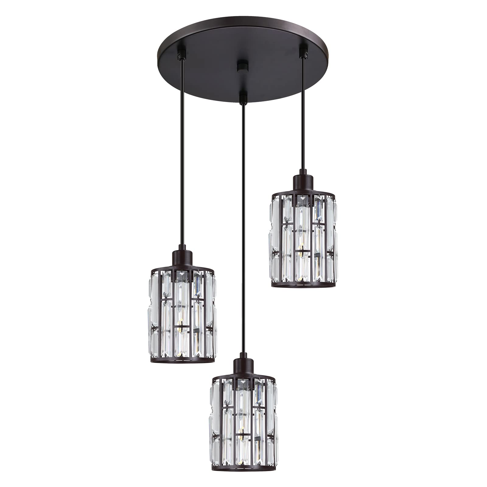 Photo 1 of 3 Light 5.5" Crystal Shade Kitchen Island Modern Concise Ceiling Pendant Lighting Oil Rubbed Bronze Fixture Finish,Crystal Plate Metal Shade for Bar,Dining Room,Corridor,Living Room Over Sink 5.5" ORB 3 light
