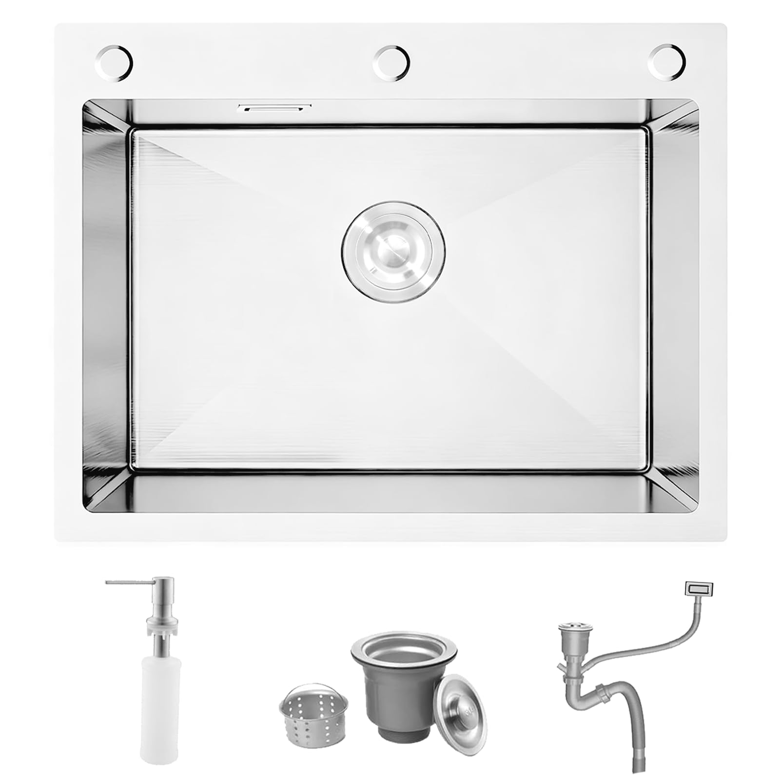 Kitchen Sink, 65 x 50 cm Drop in Topmount Stainless Steel Campervan Sink, Deep Brushed Nickel Single Bowl with 3 Tap Holes Soap Dispenser and Siphon, for Small Kitchen, Bar, Restaurant