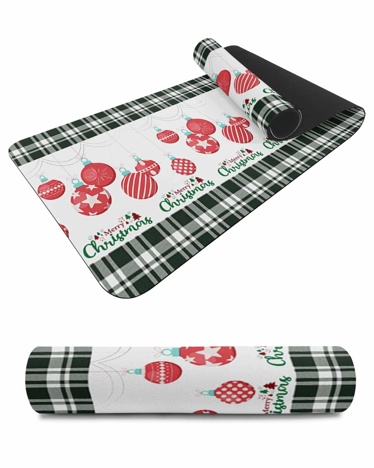Debedcor Heat Proof Table Pads Waterproof Decorative, Merry Christmas Non-Slip Table Countertop Protector, Farmhouse Xmas Ball Buffalo Plaid Insulation Mat for Dining Room, 48 x 12 Inches