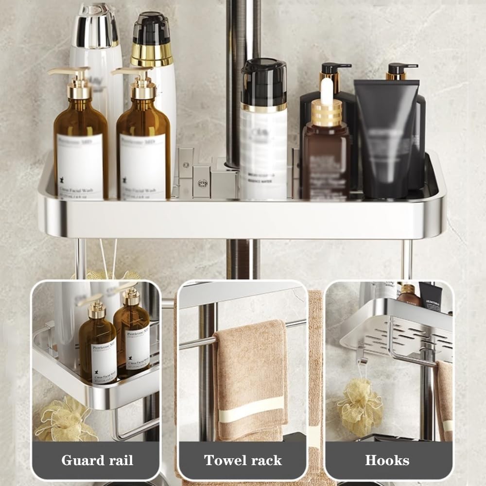 Mensole Bagno Mensola portaoggetti for doccia, organizer for doccia da bagno con barra portasciugamani e 2 ganci, organizer regolabile in alluminio for appendere la doccia Porta Shampoo Doccia(Grijs)