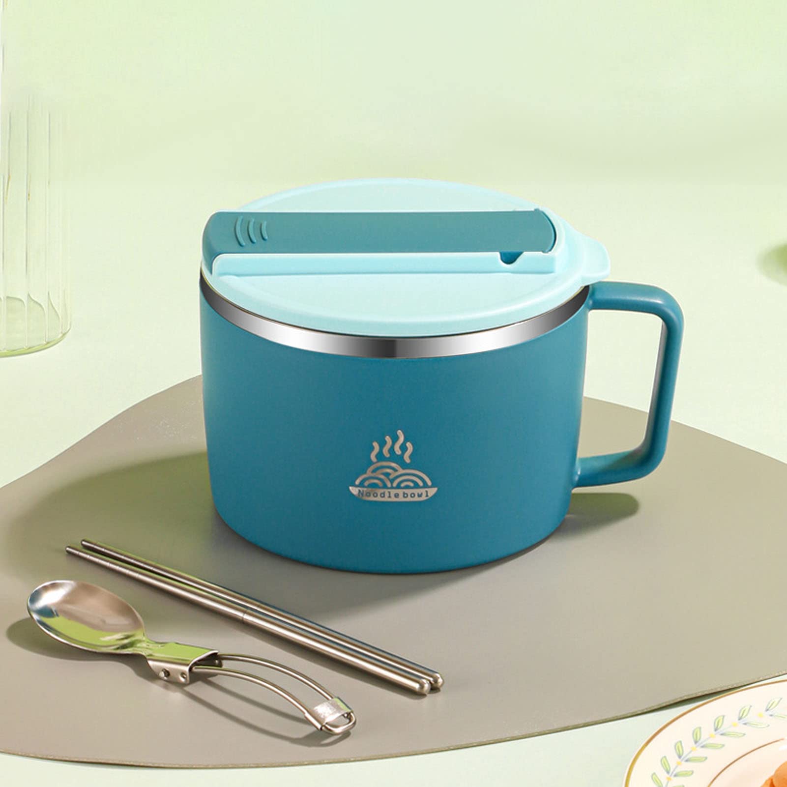 Kuchenka mikrofalowa Ramen Bowl zestaw, 1200ml ze stali nierdzewnej szybkie gotowanie makaron z pałeczkami i Spork Pokrywka Uchwyt Natychmiastowy makaron miska (niebieski)