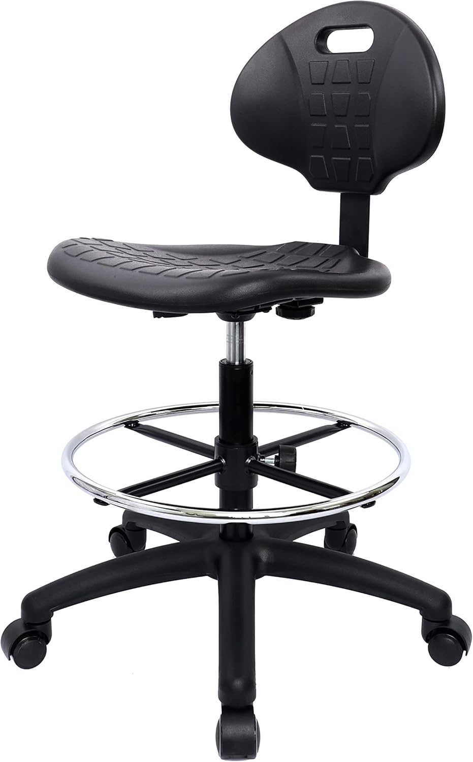 Chair Master Drafting Stool - Easy to Clean! Ergonomic Polyurethane Chair. Seat Height Adjustable w/Heavy Duty Footring for Home, Automotive, Lab, Cleanroom. (Standard Casters, Tall Stool)