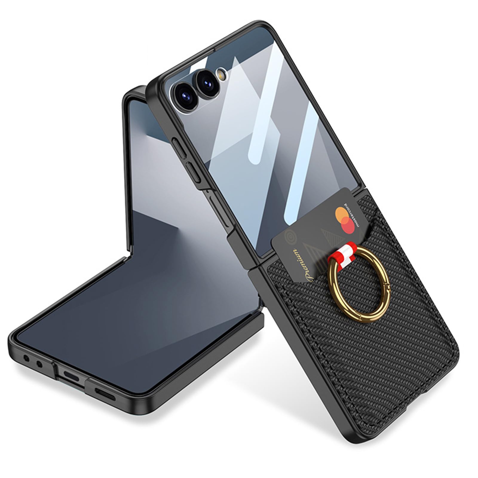 Etui z portfelem do Samsung Galaxy Z Flip 8, etui na karty, skórzane, teksturowane etui z włókna węglowego, z podstawką pierścieniową, osłona ekranu, czarne, Flip 8